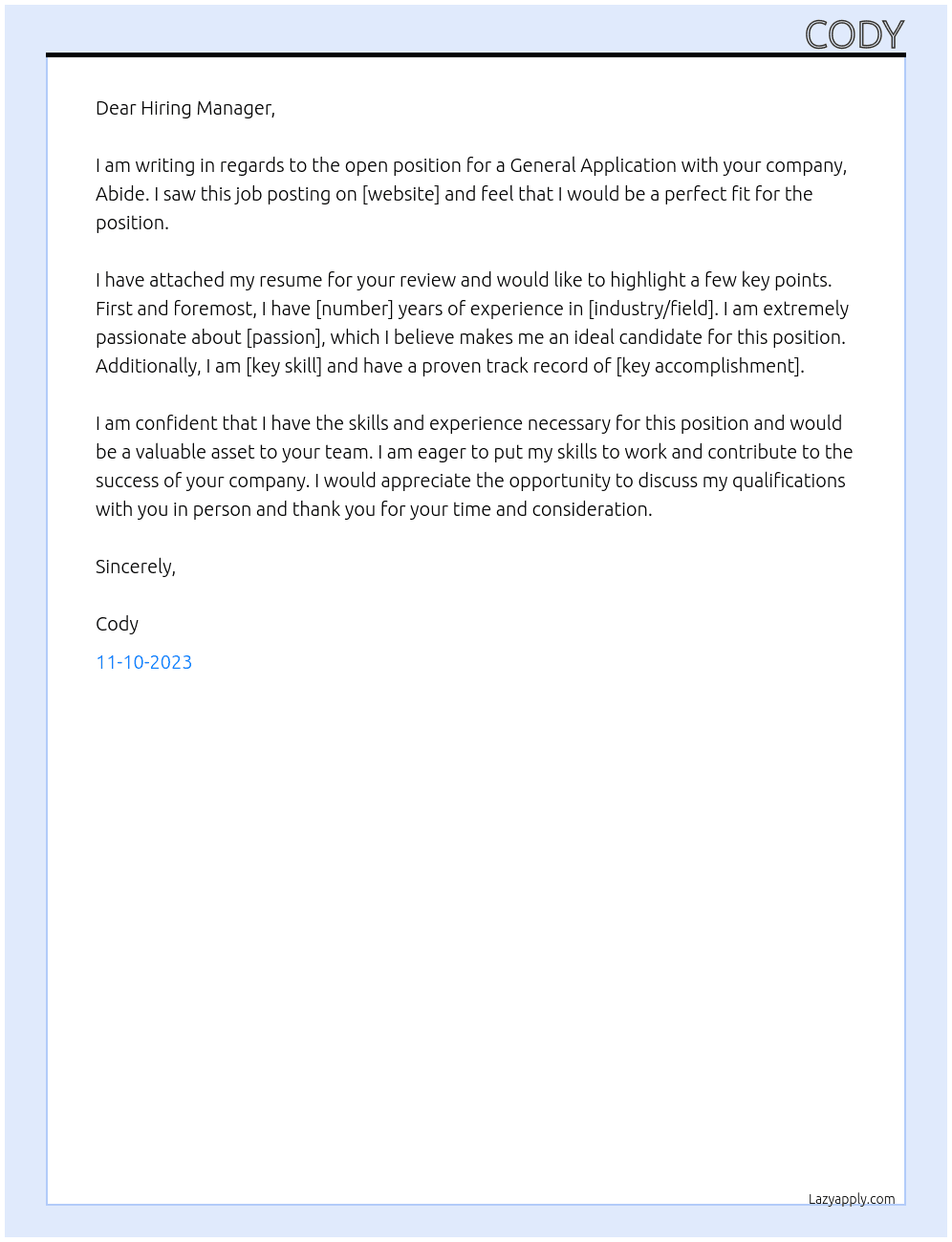 General Application At Abide Cover Letter