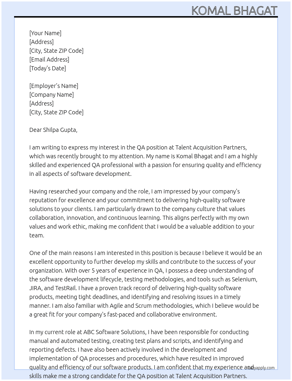  QA At  Talent Acquisition Partners Cover Letter