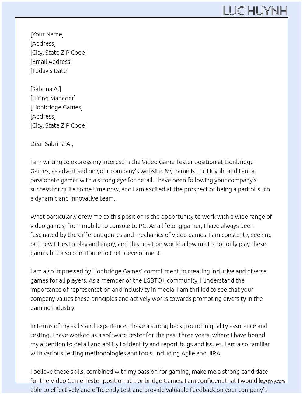 Video Game Tester At Lionbridge Games Cover Letter