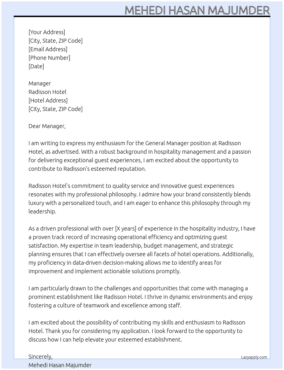 General Manager At Radisson Hotel  Cover Letter