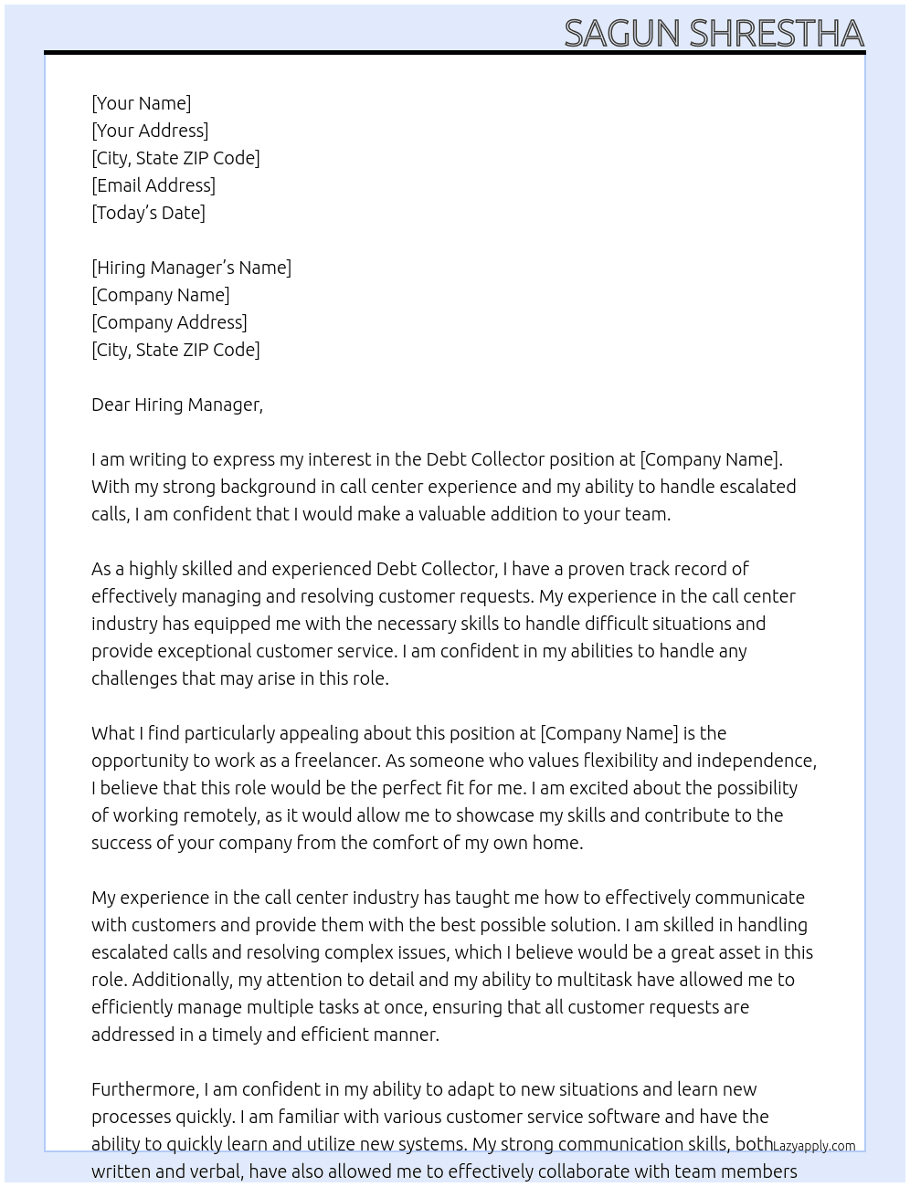 Debt collector At Unknown Cover Letter