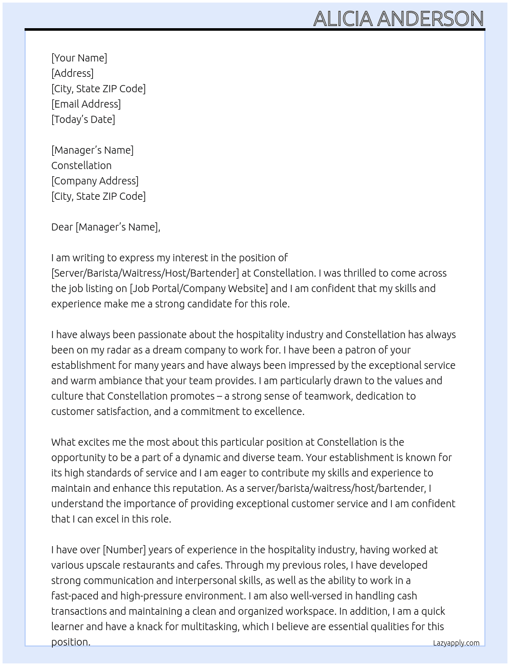 server/barista/waitress/host/bartender At constellaion Cover Letter