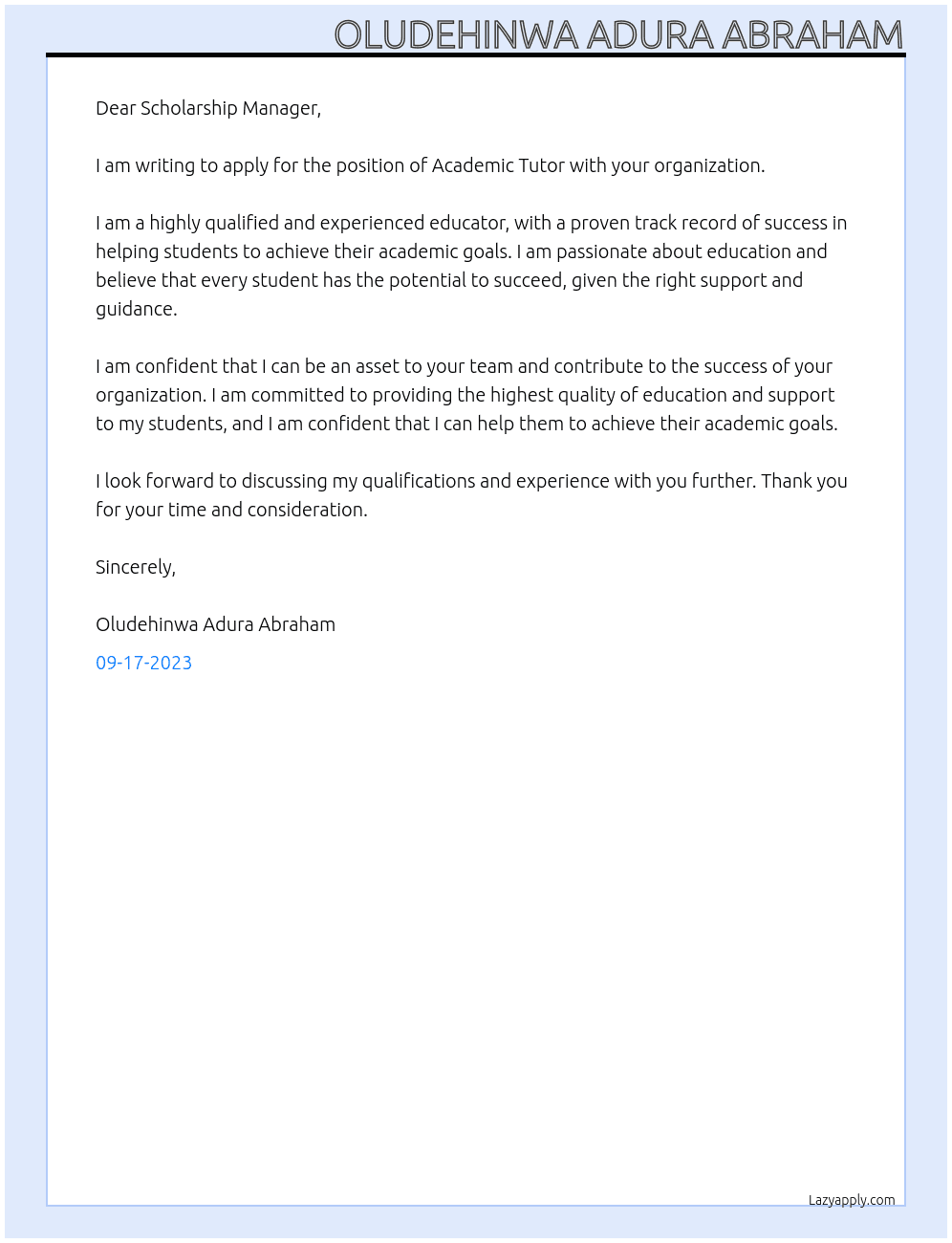 Academic Tutor At Scholarship Cover Letter
