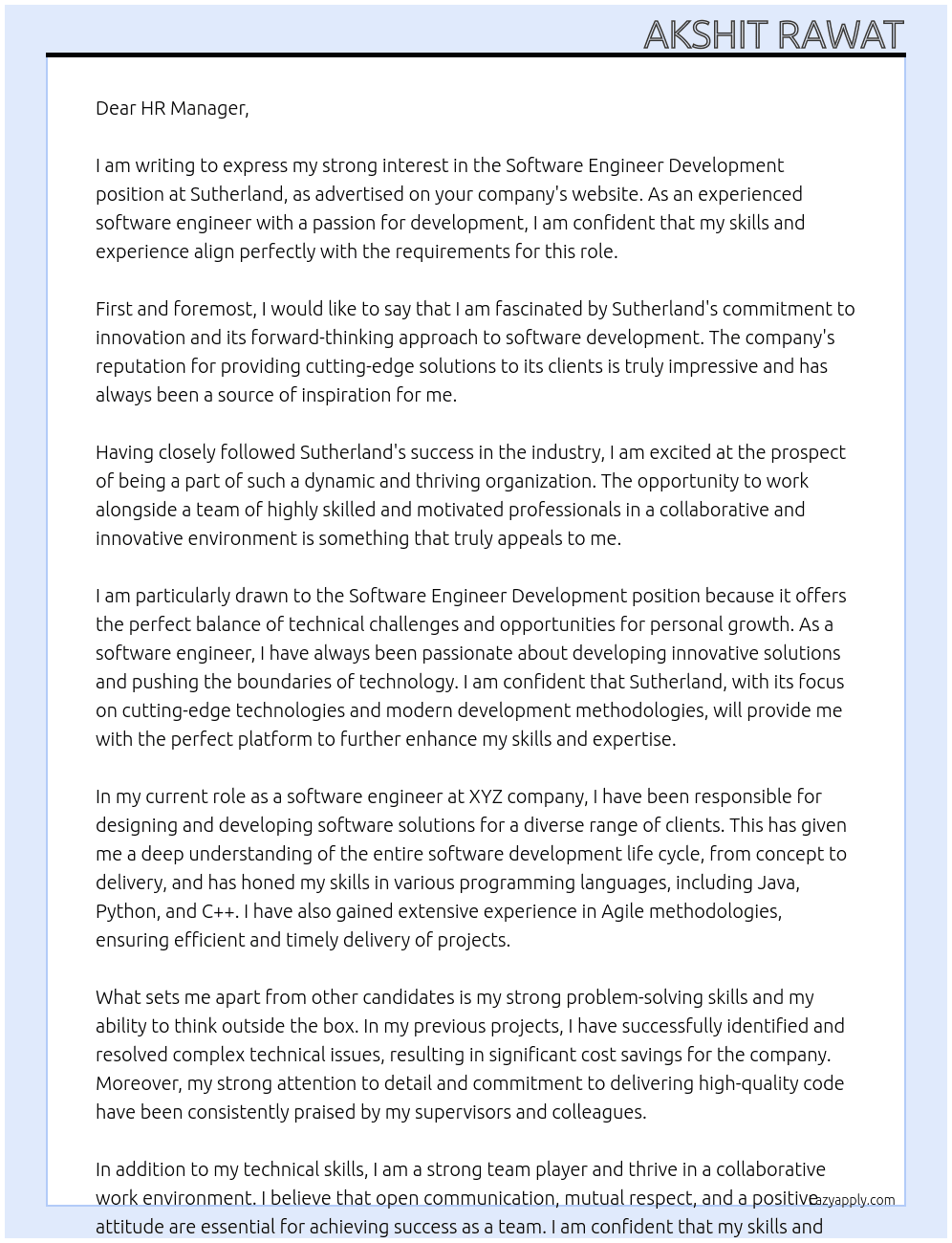 Cover letter for software engineer development - LazyApply