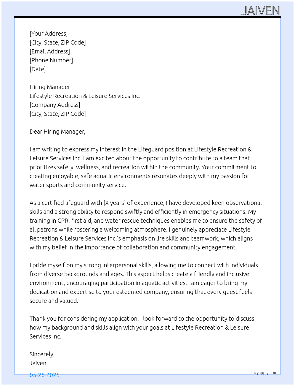 Lifeguard At Lifestyle Recreation & Leisure Services Inc. Cover Letter