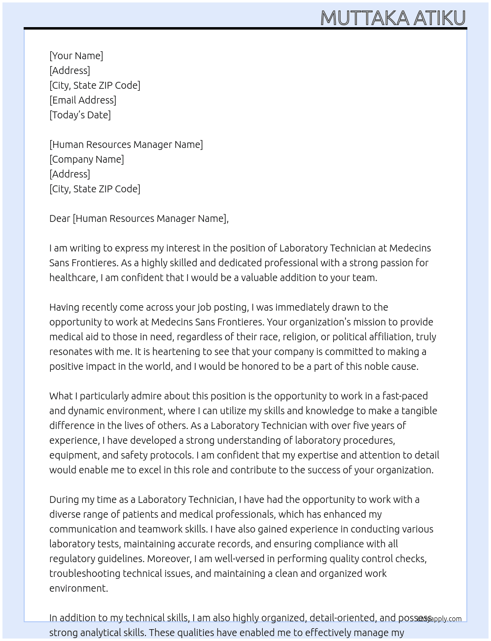 Laboratory Technician At Medecins Sans Frontieres  Cover Letter