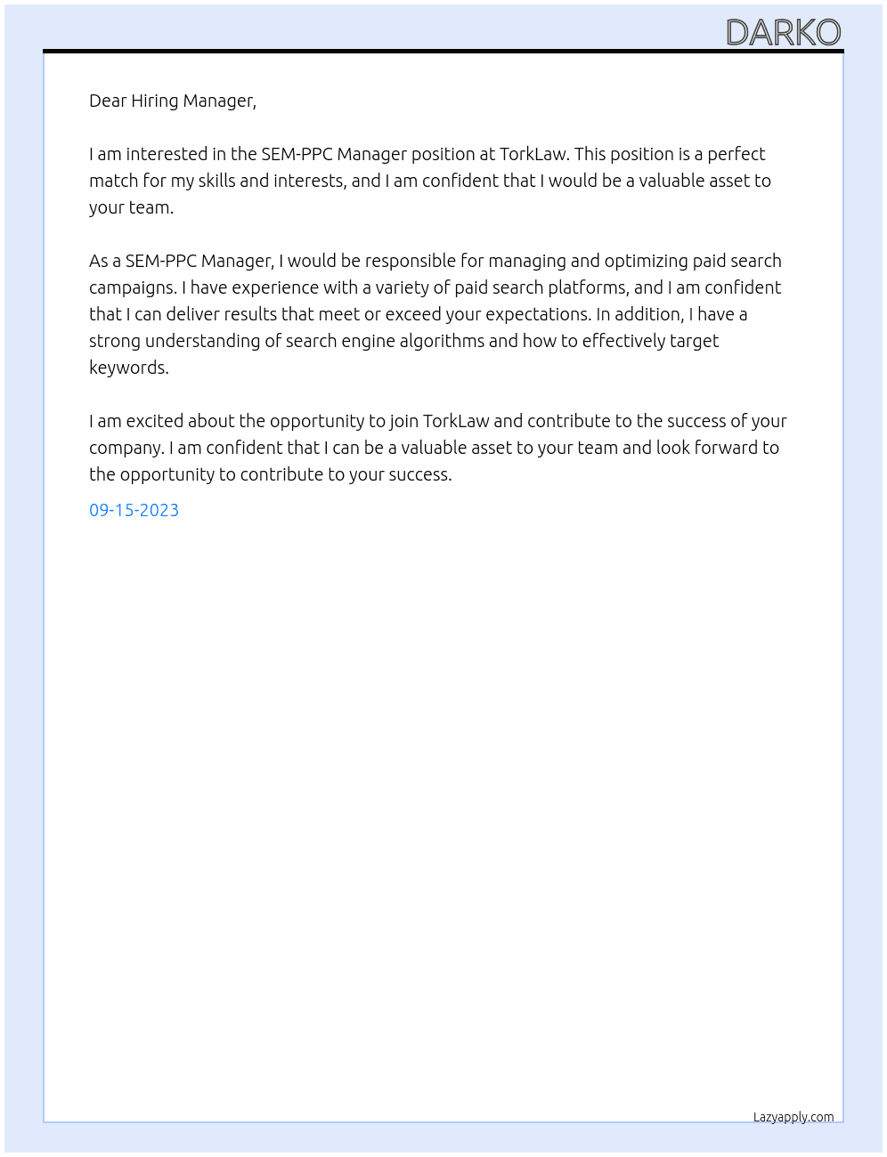 SEM-PPC Manager At TorkLaw Cover Letter
