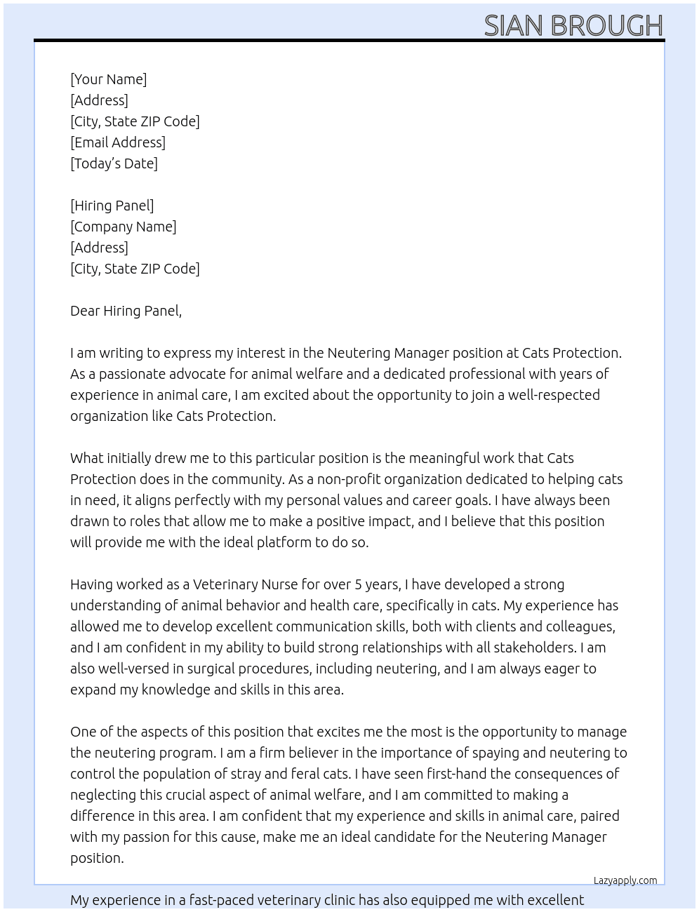 Neutering Manager At Cats Protection Cover Letter