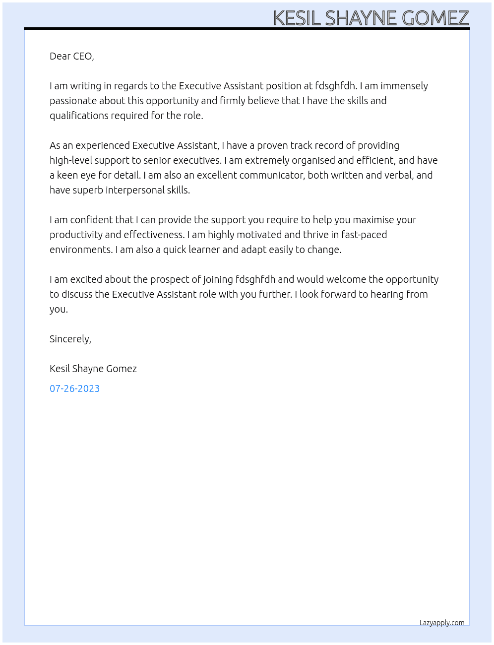 Executive Assistant At fdsghfdh Cover Letter