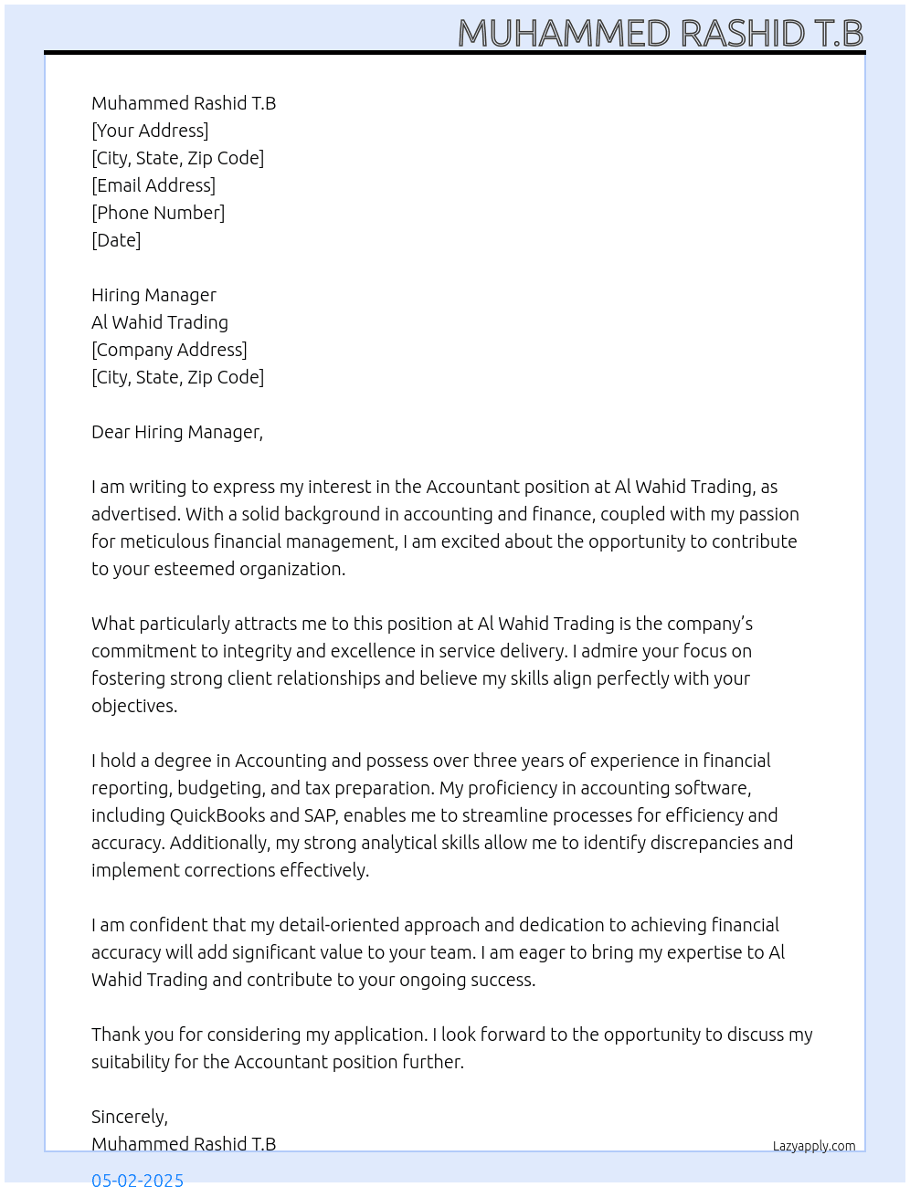 Accountant  At Al wahid trading  Cover Letter
