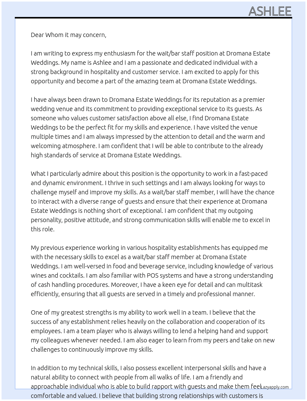wait/bar staff At Dromana Estate Weddings Cover Letter