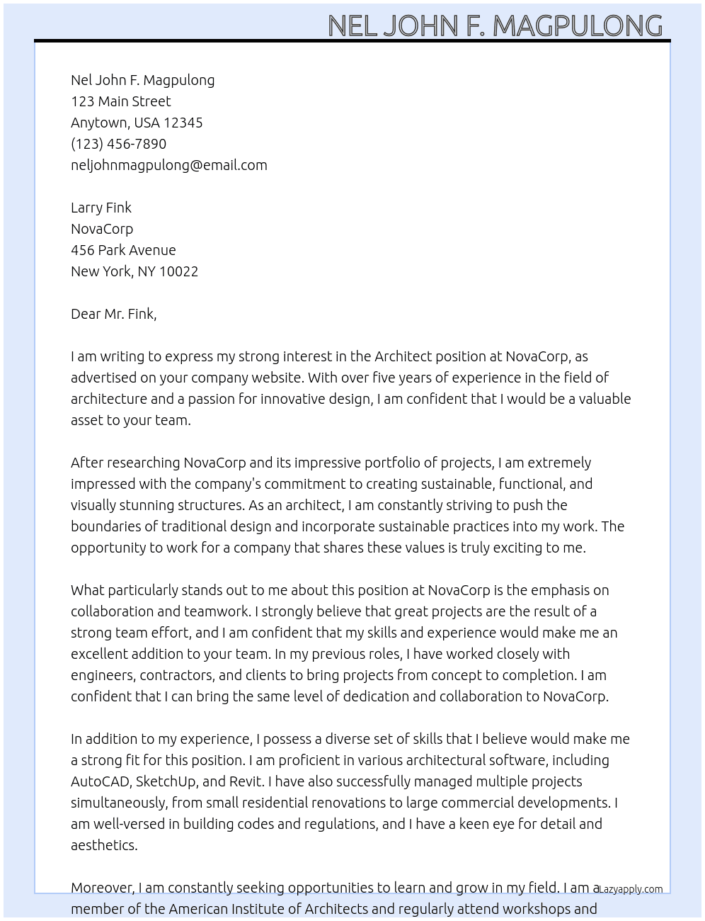 Architect At NovaCorp Cover Letter