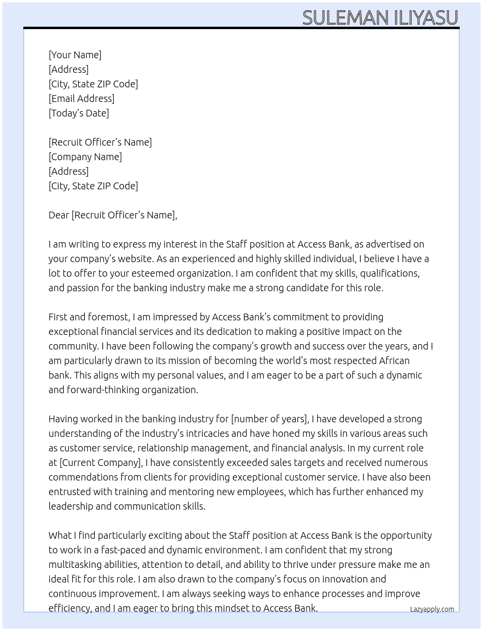 Staff At Access Bank Cover Letter