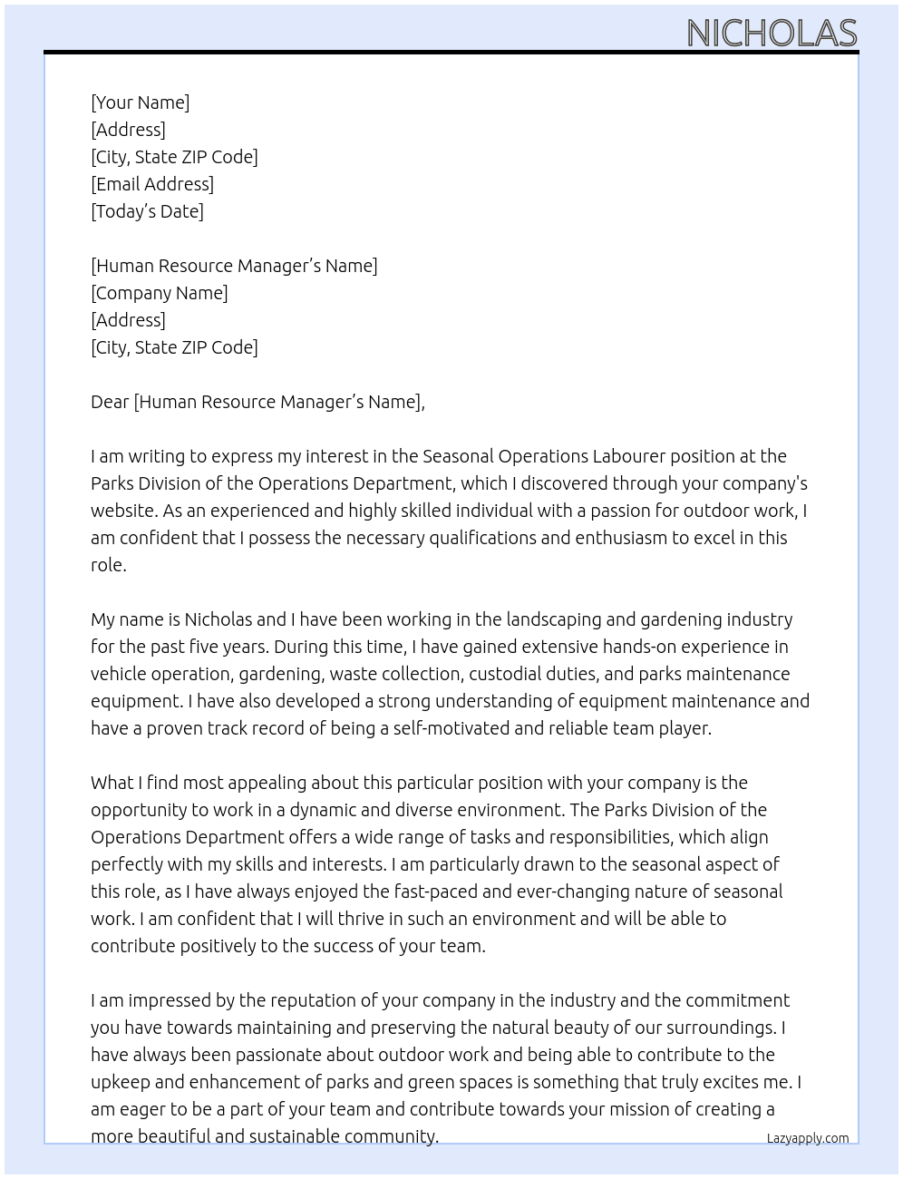 Seasonal Operations Labourer At  Parks Division of the Operations Department Cover Letter