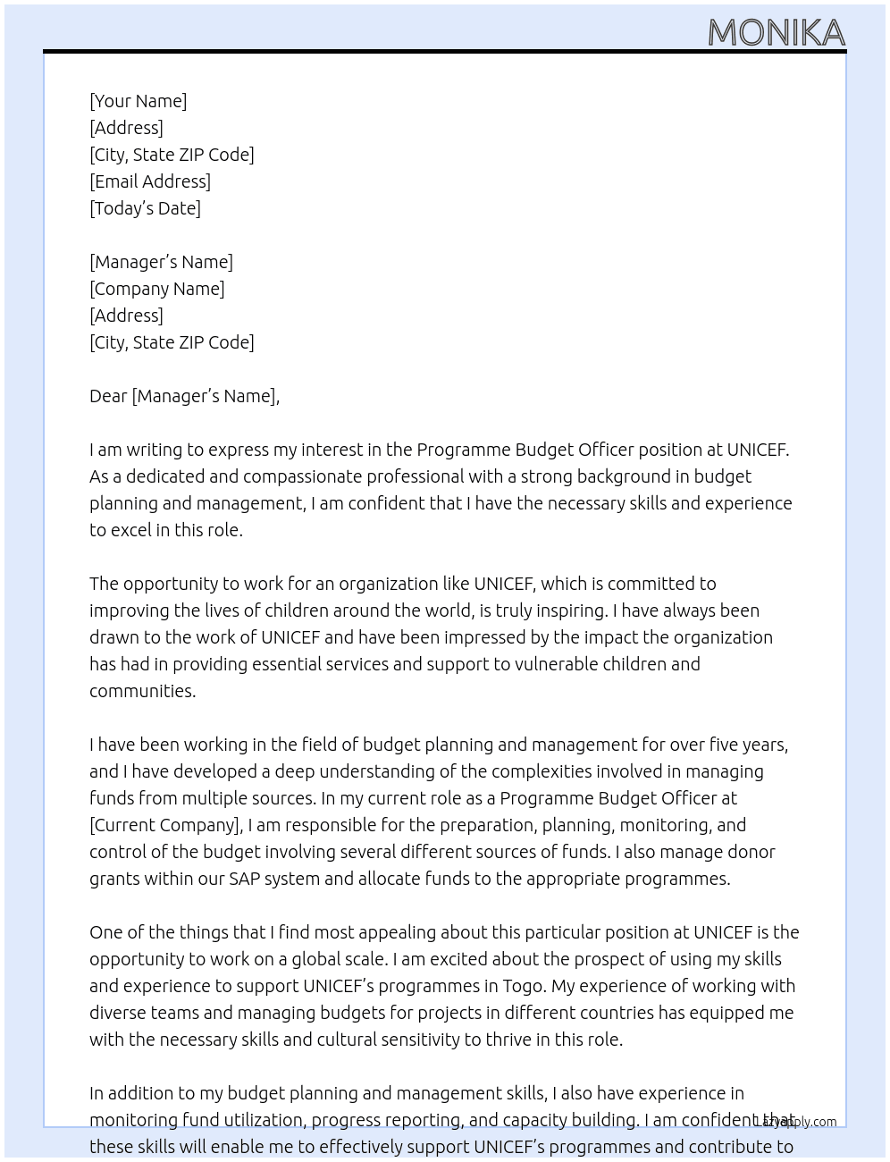 Cover letter for programme budget officer - LazyApply