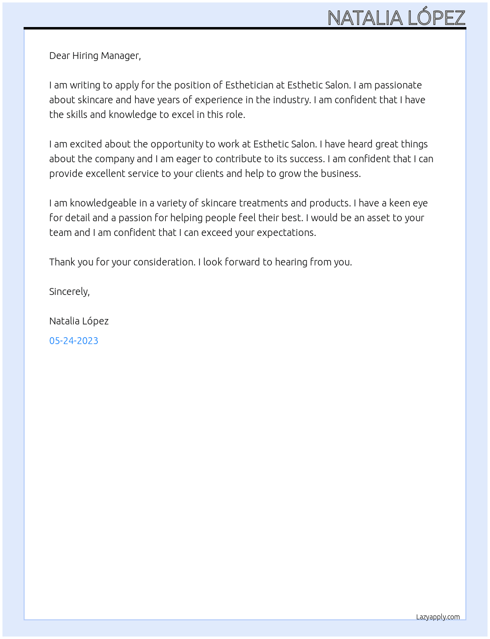 Esthetician  At Esthetic salon  Cover Letter
