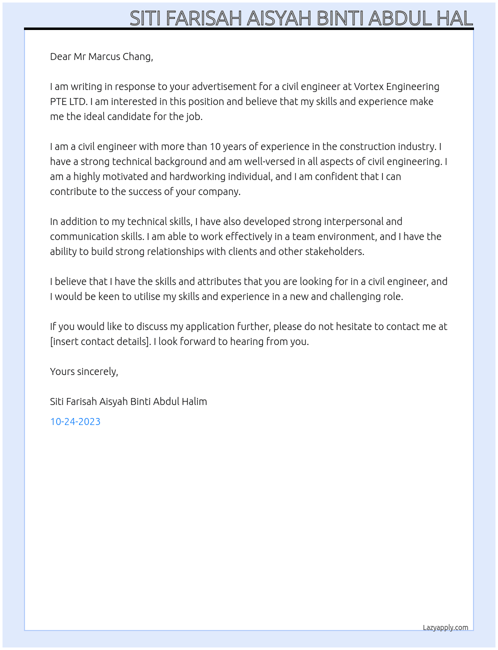 civil engineering At Vortex Engineering PTE LTD  Cover Letter