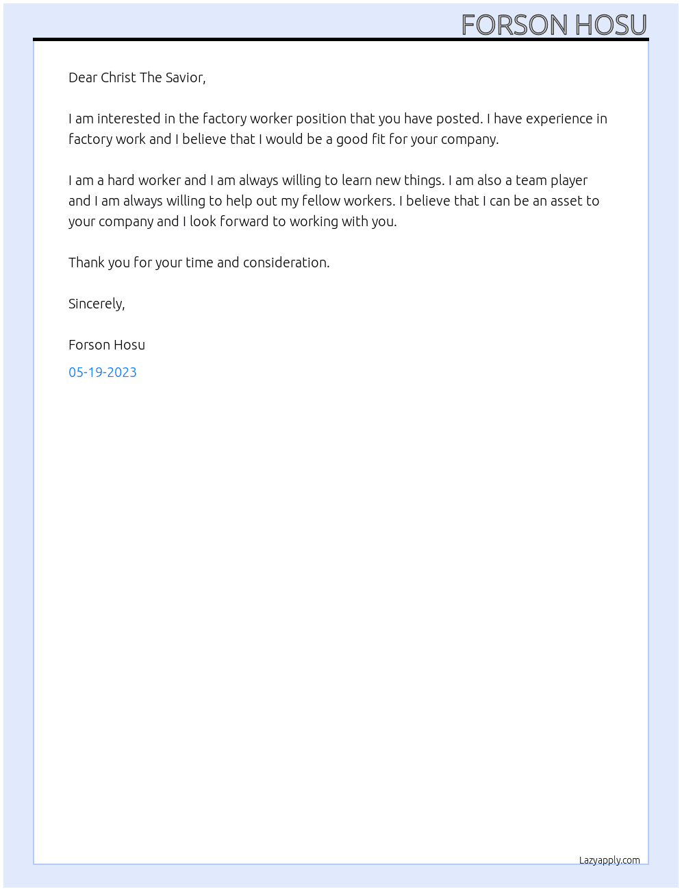 Factory Worker At Christ The Savior Cover Letter