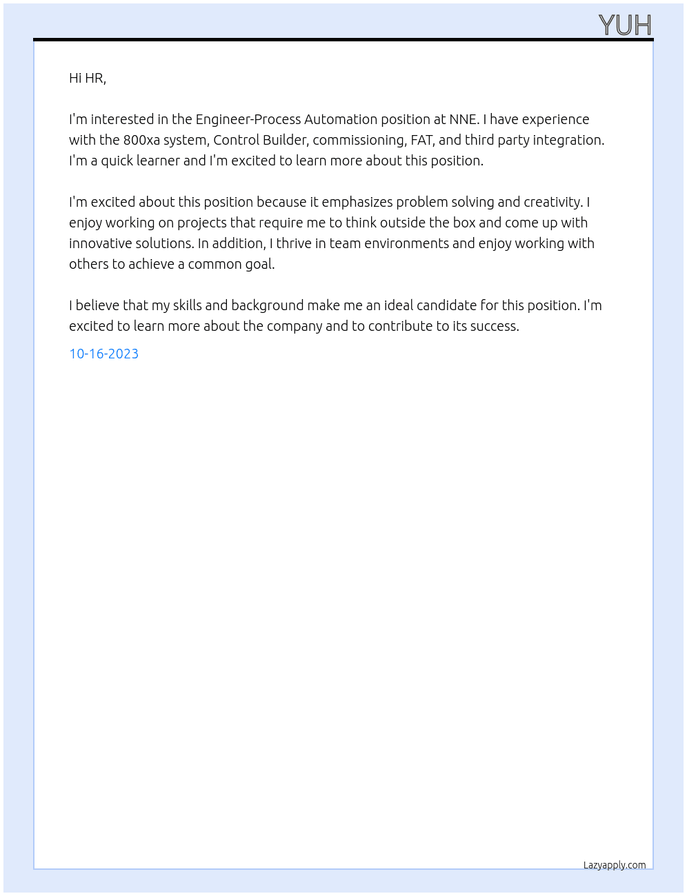 Engineer-Process Automation At NNE Cover Letter