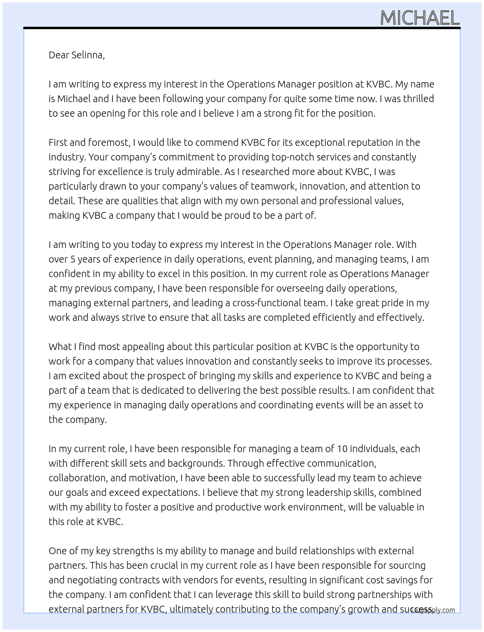 Operations Manager At KVBC Cover Letter