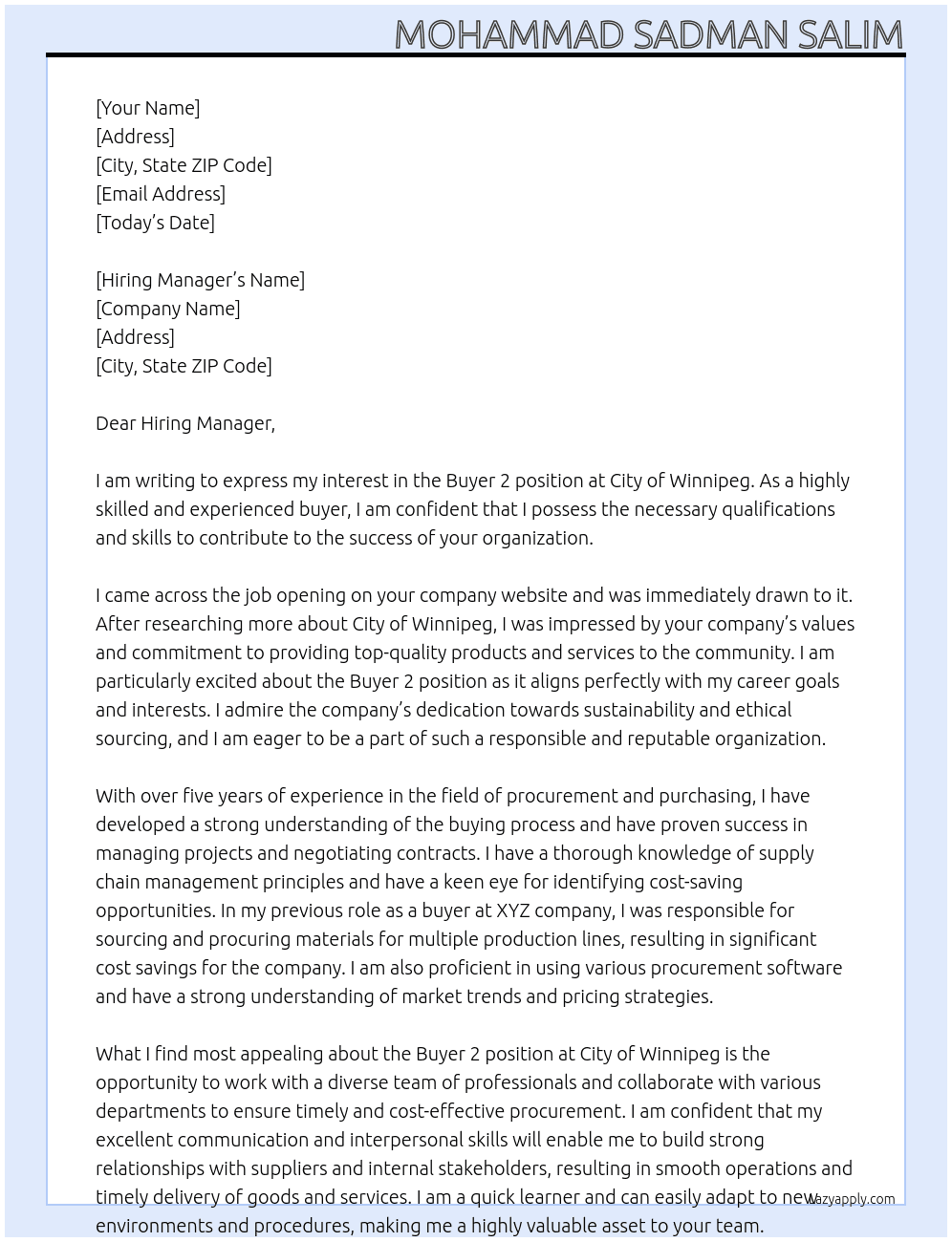 Buyer 2 At City of Winnipeg  Cover Letter