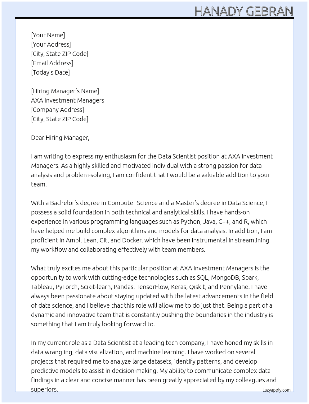 Data scientist  At AXA INVESTMENT MANAGERS Cover Letter