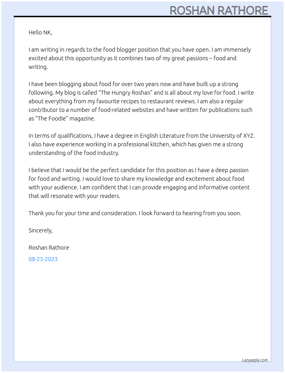 Food Blogger At hkhj Cover Letter