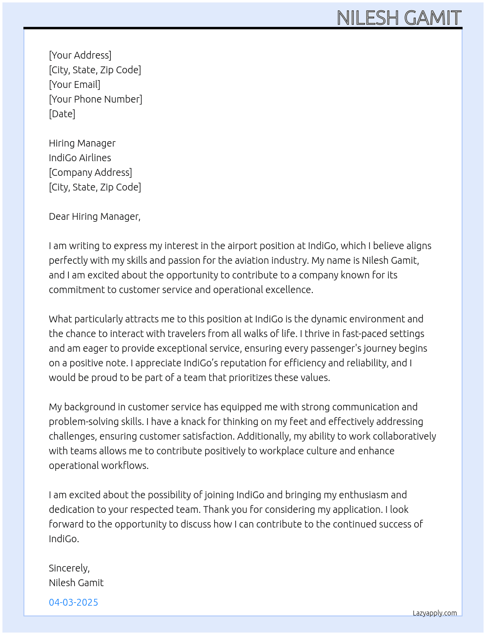 airport At indigo Cover Letter