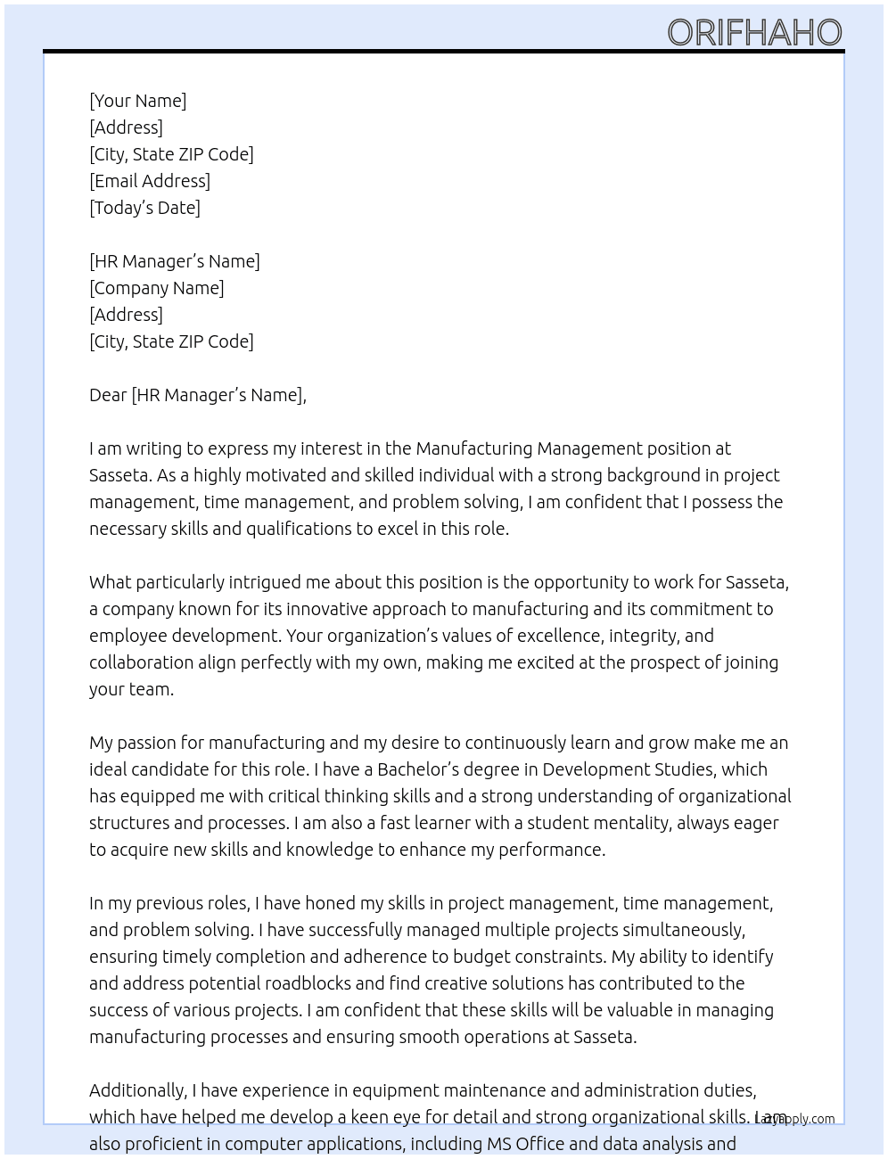 Manufacturing management  At Sasseta  Cover Letter