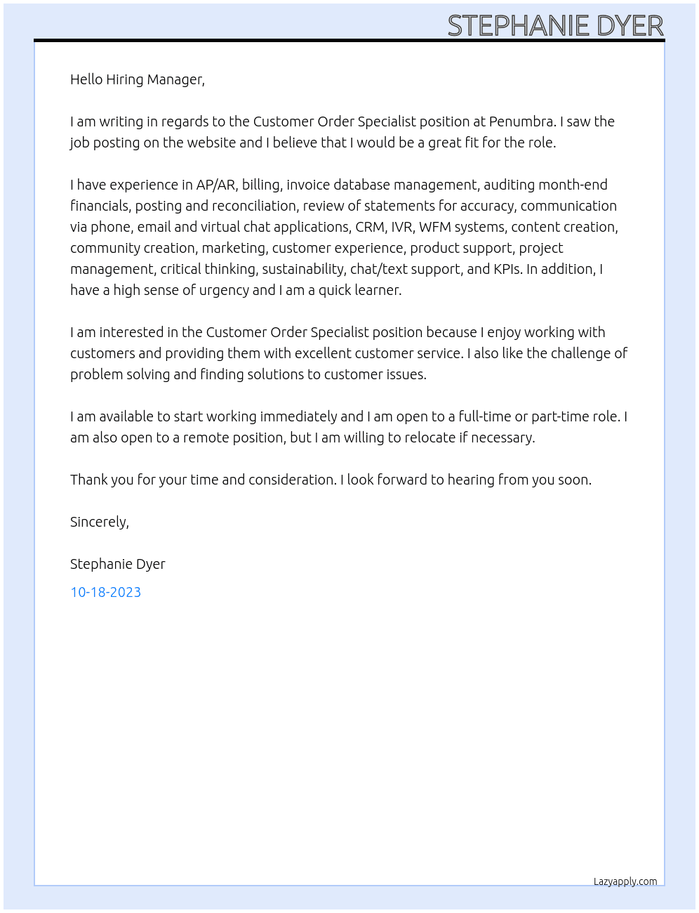 Customer Order Specialist  At Penumbra Cover Letter