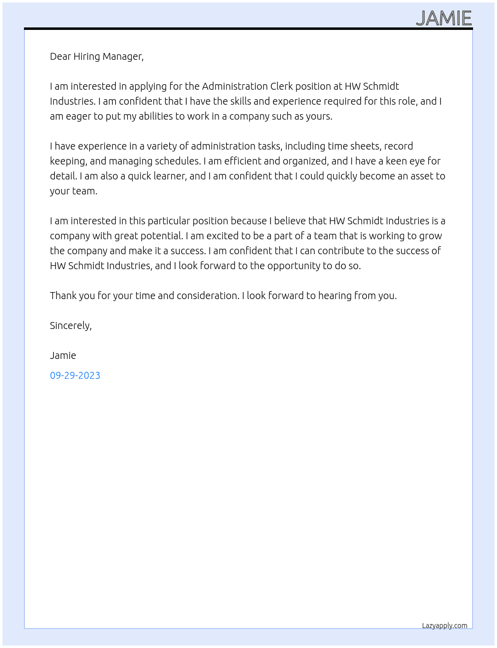 Administration clerk At HW Schmidt Industries  Cover Letter