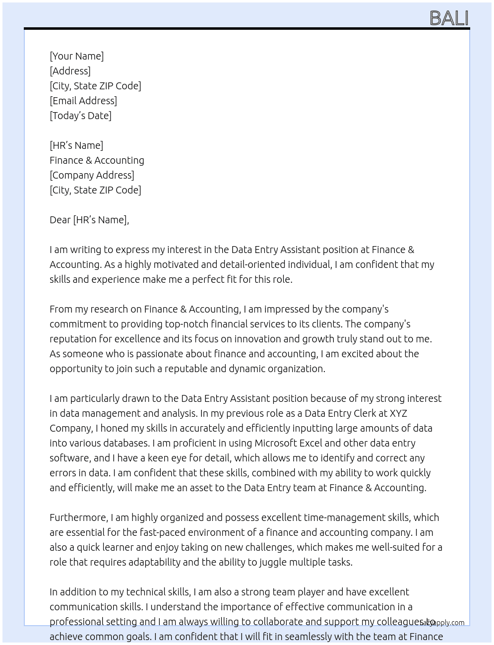 Data entry assistant  At Finance & Accounting  Cover Letter