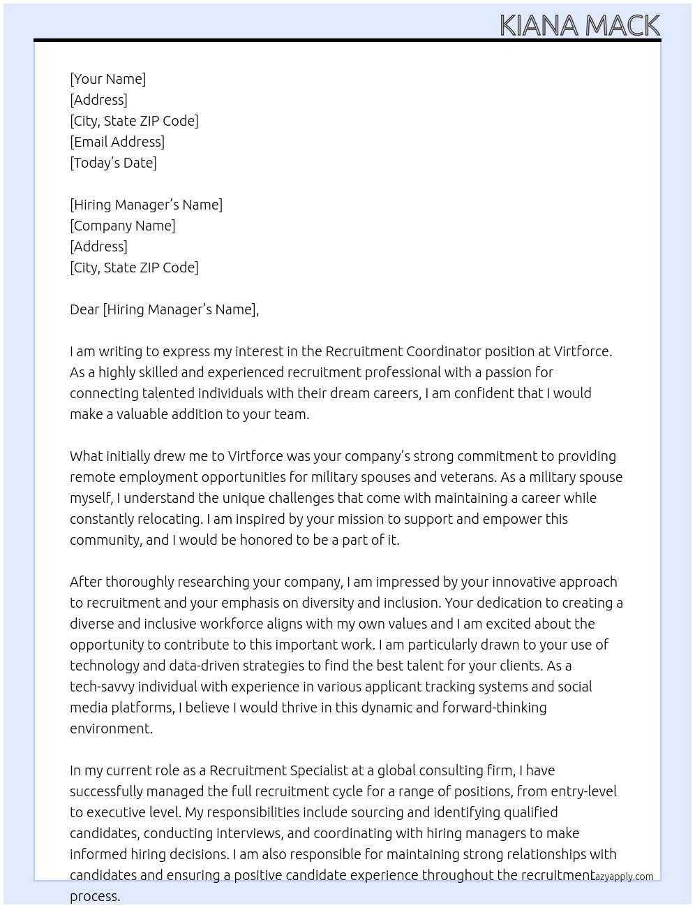 Recruitment Coordinator At virtforce Cover Letter