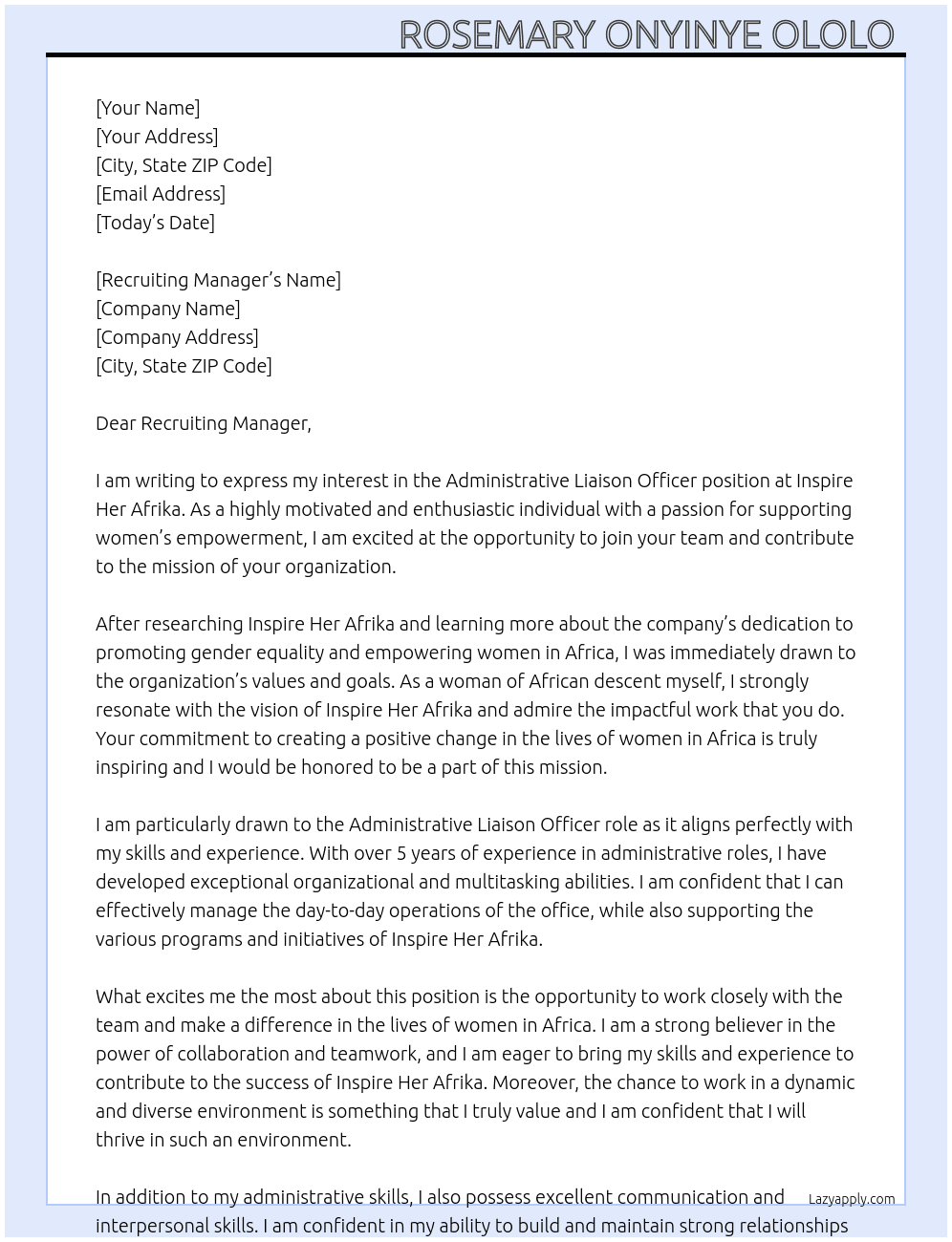 Administrative Liaison Officer  At Inspire Her Afrika  Cover Letter