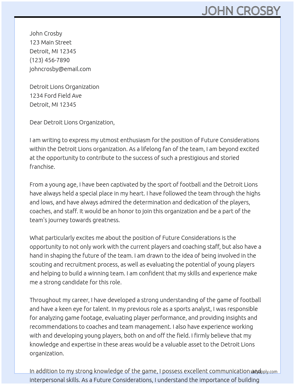 Future Considerations At Detroit Lions Cover Letter
