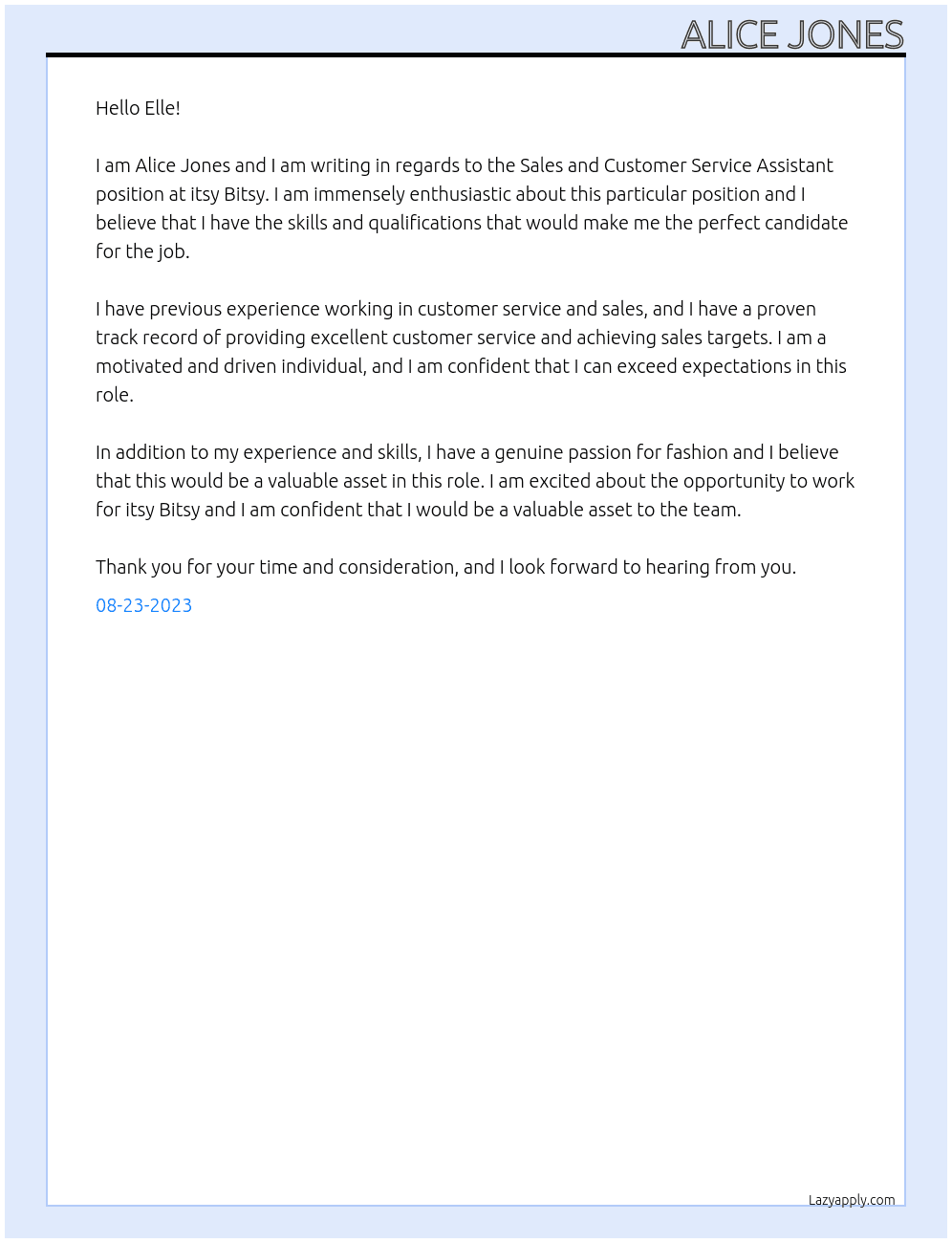Sales and Customer Service Assistant At itsy Bitsy Cover Letter
