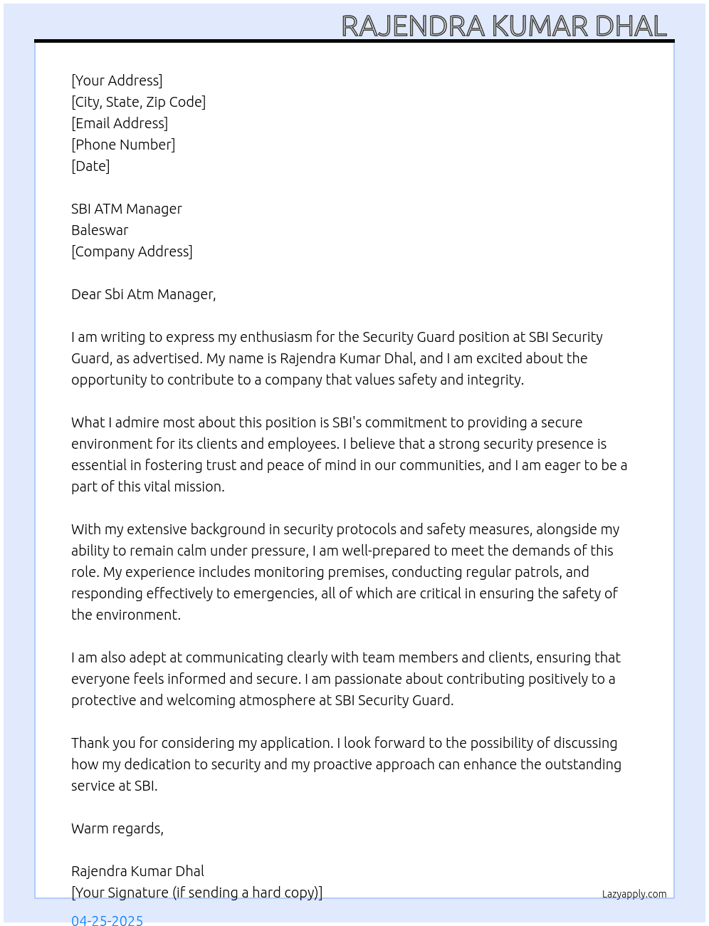 Security guard  At SBI Security Guard  Cover Letter