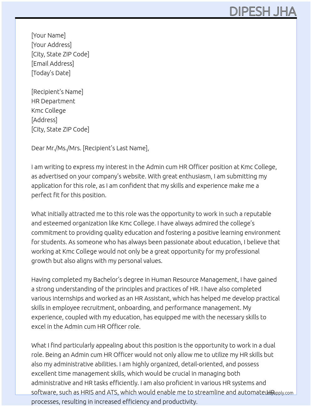 Admin cum HR Officer At Kmc college Cover Letter