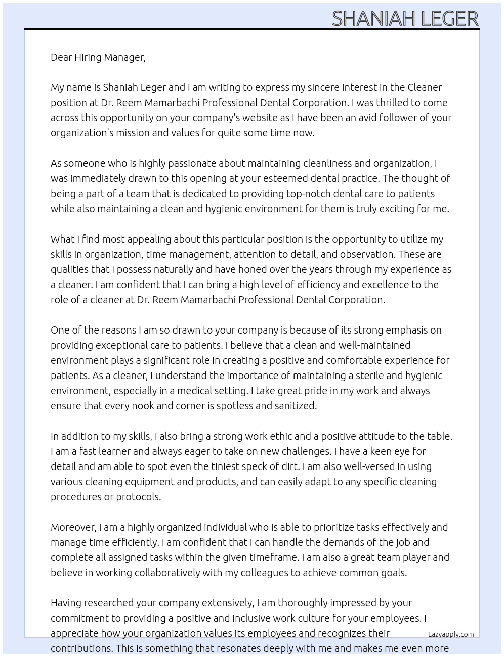 Cleaner At  Dr Reem Mamarbachi Professional Dental Corporation Cover Letter