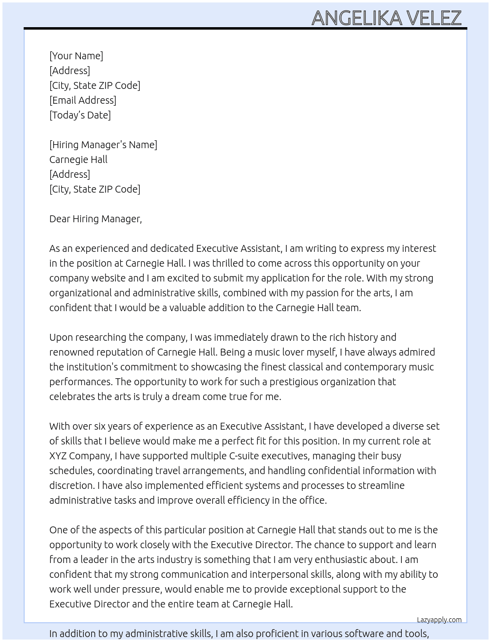 Executive Assistant  At Carnegie Hall  Cover Letter