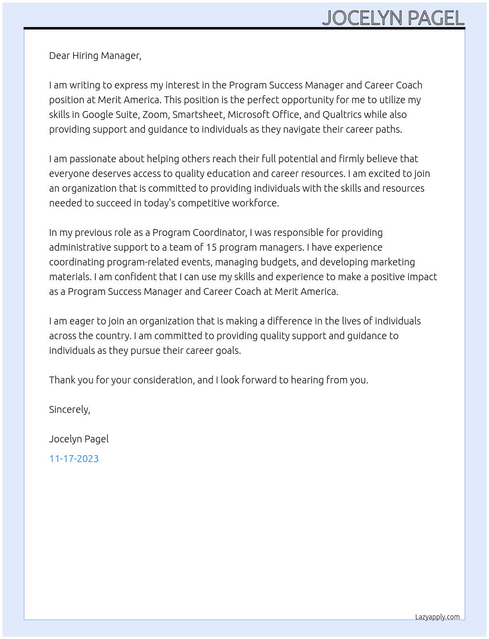Program Success Manager and Career Coach At Merit America Cover Letter
