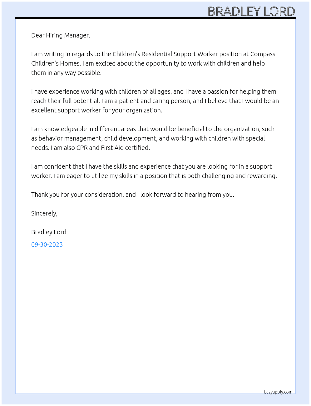 Children's Residential Support Worker At Compass Children's Homes Cover Letter