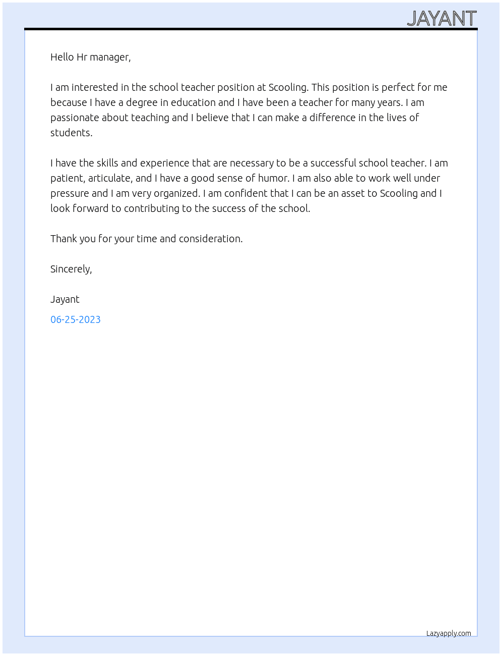 School teacher At Scooling  Cover Letter