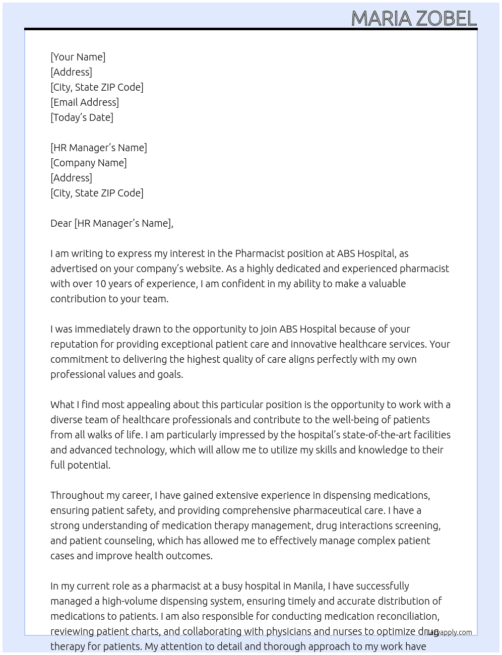 Pharmacist At ABS Hospital Cover Letter