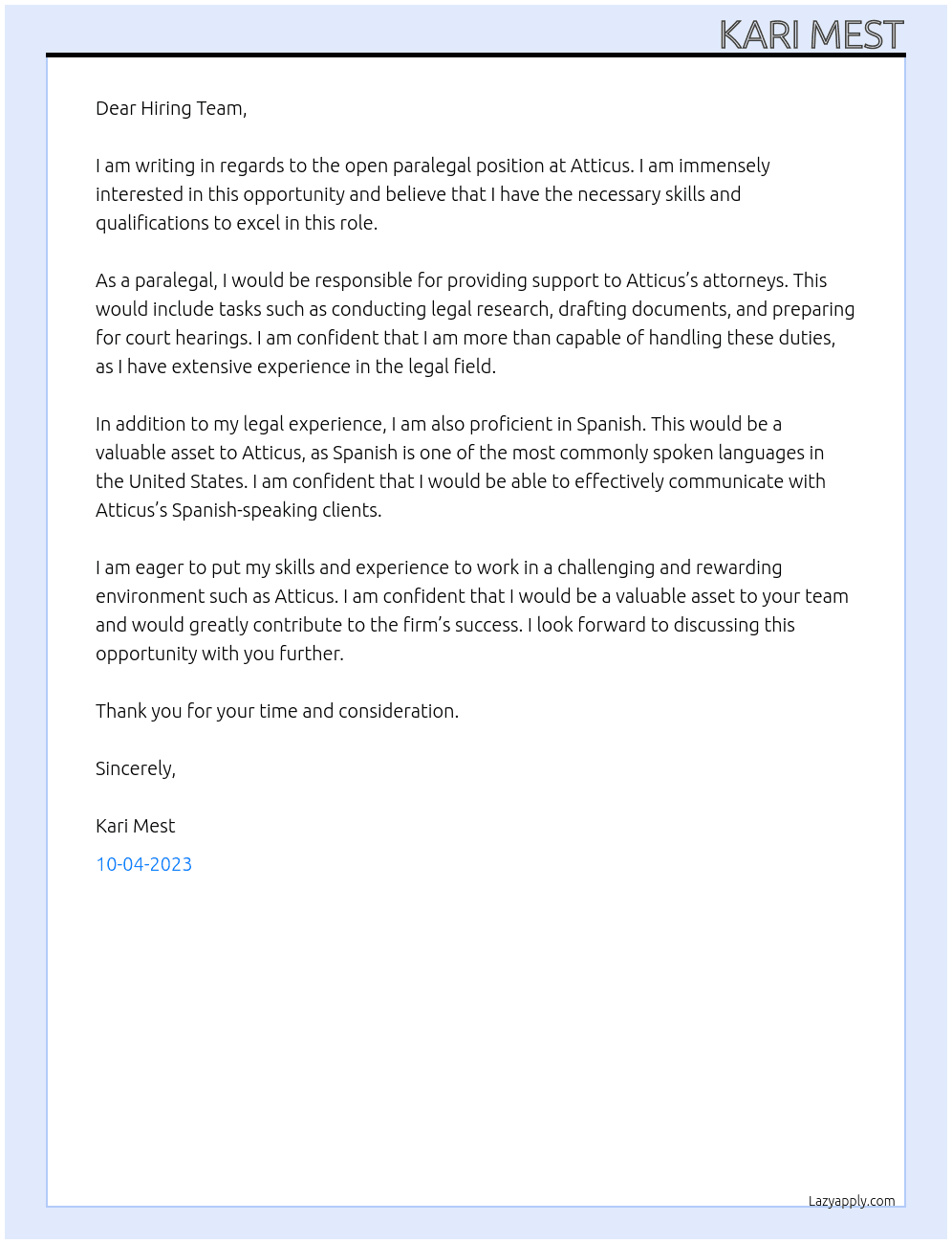Paralegal At Atticus Cover Letter