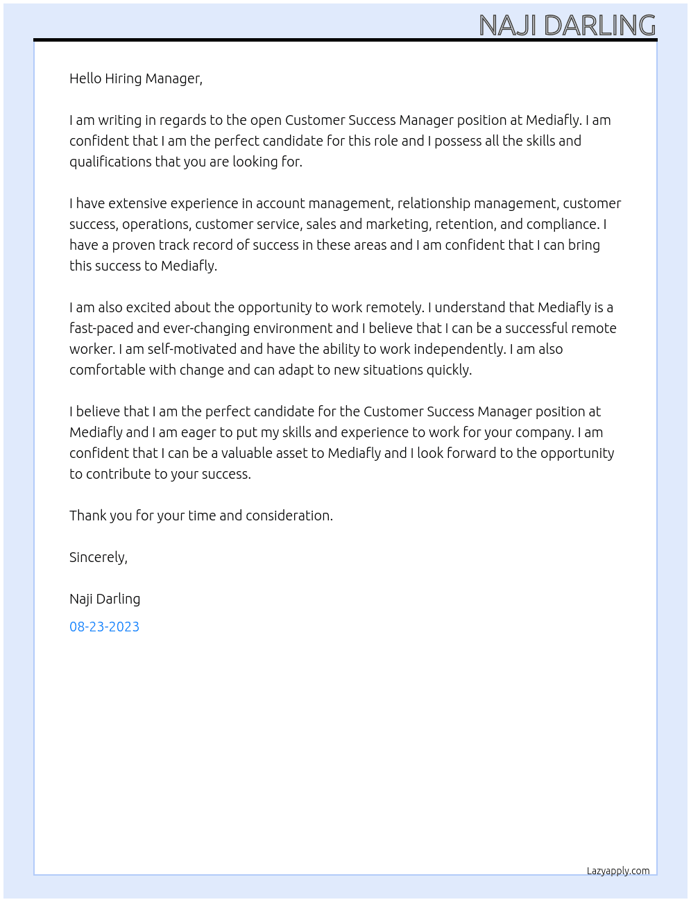Customer Success Manager At Mediafly Cover Letter