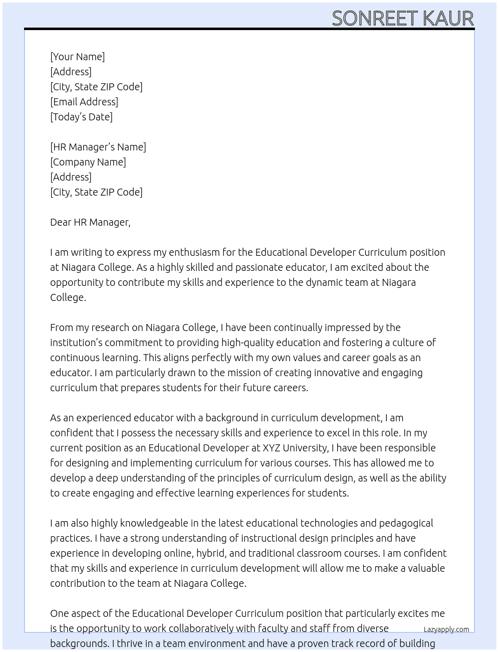 Educational Developer Curriculam At Niagara College Cover Letter