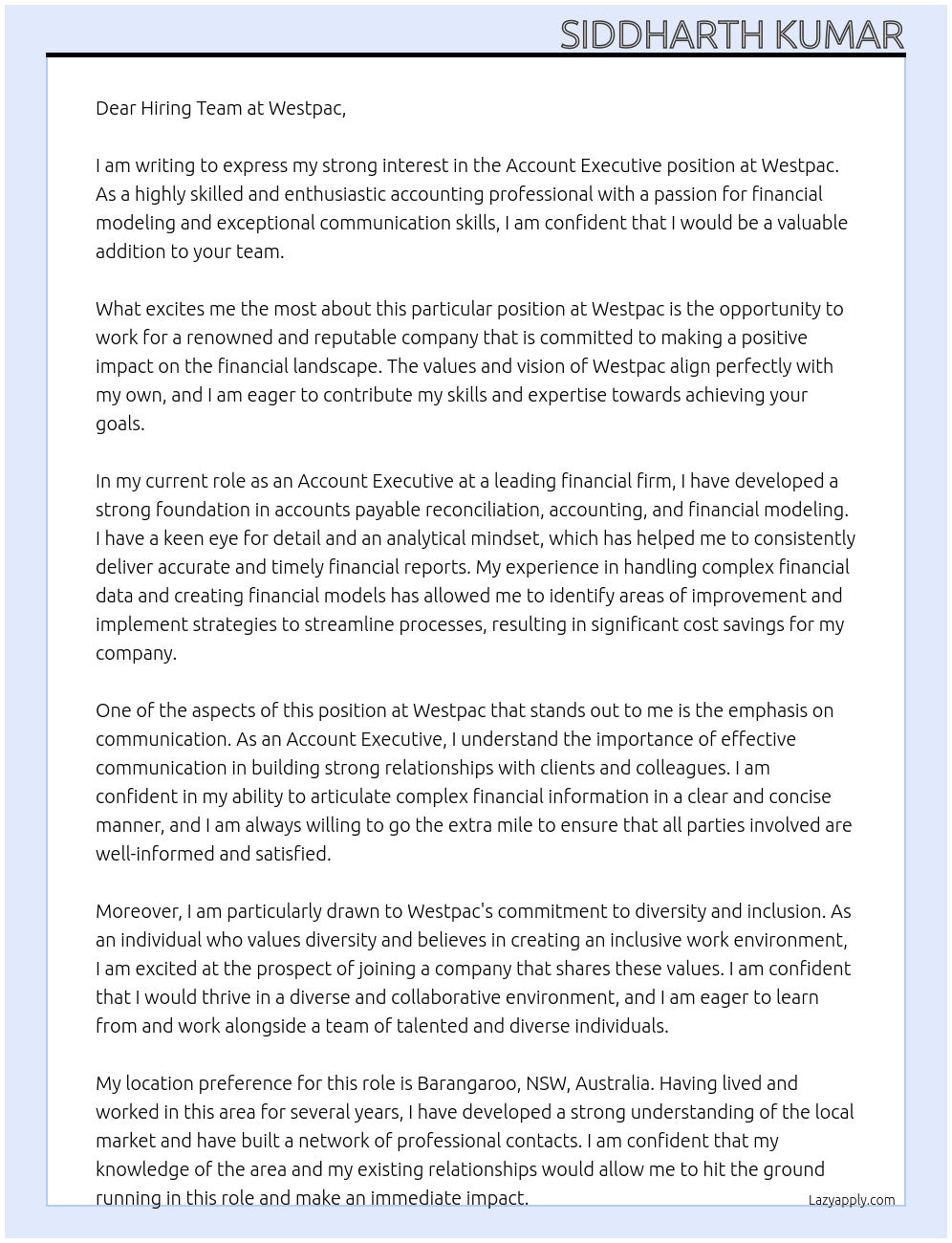 Account Executive At westpac Cover Letter
