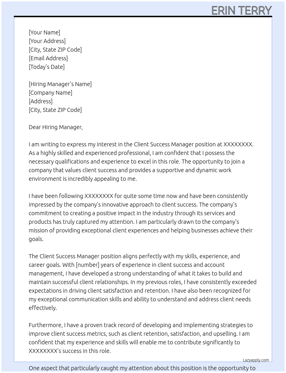 Client Success Manager At XXXXXXXX Cover Letter