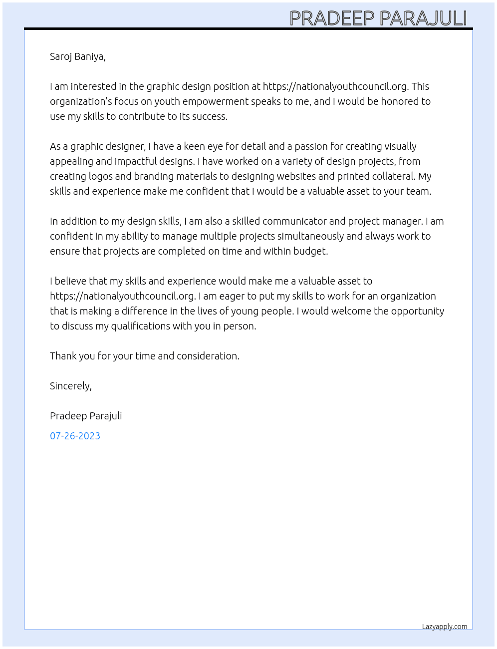 Graphic design  At https://nationalyouthcouncil.org Cover Letter